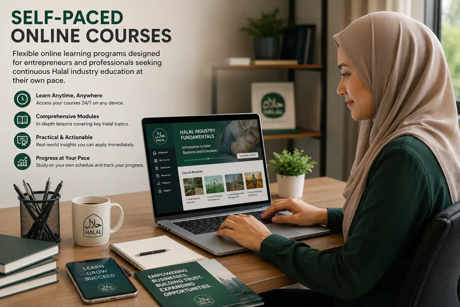 Entrepreneur completing a self-paced online Halal course